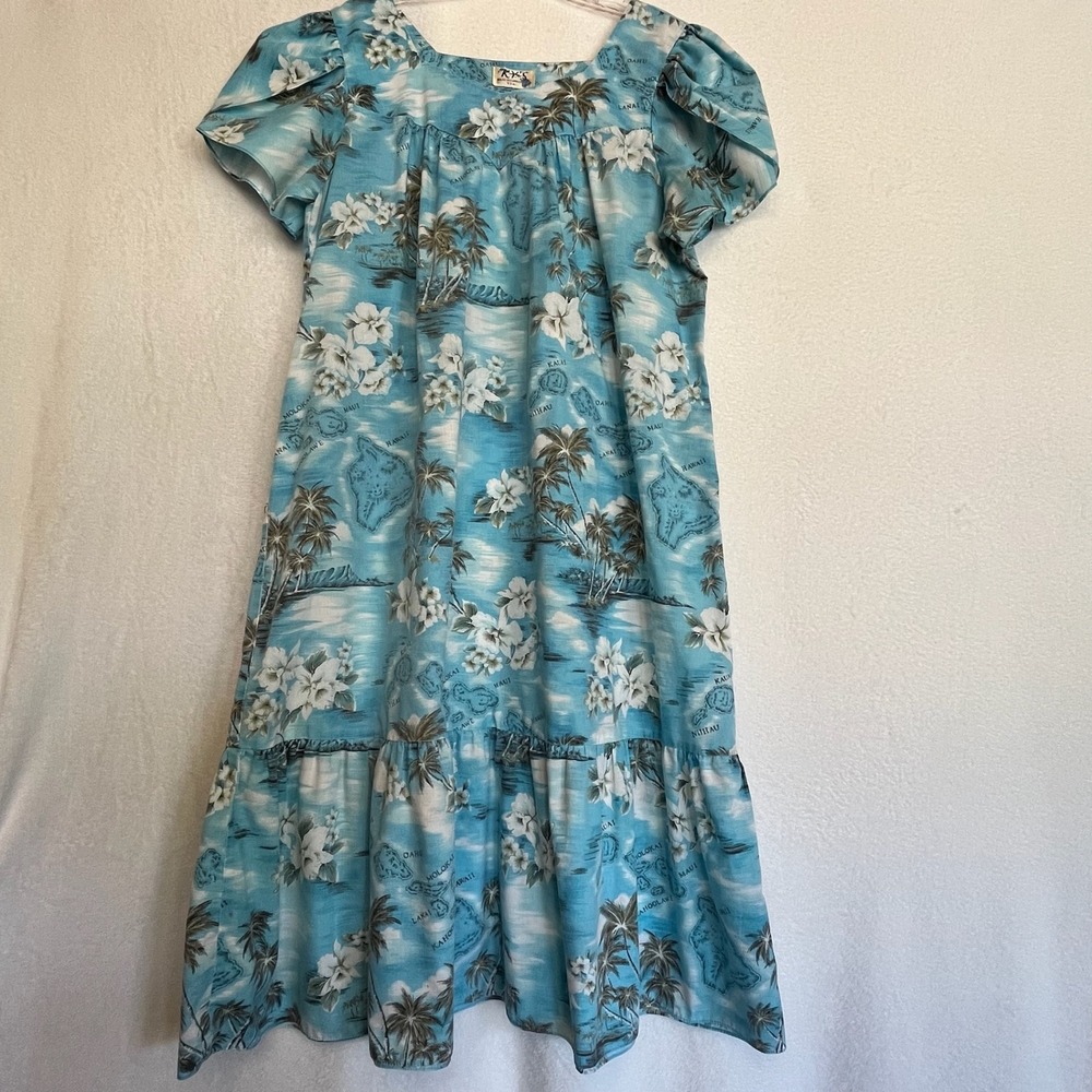 KY's Hawaiian Maxi Dress Island Print Floral Ruffle Hem Short Sleeve ONE SIZE